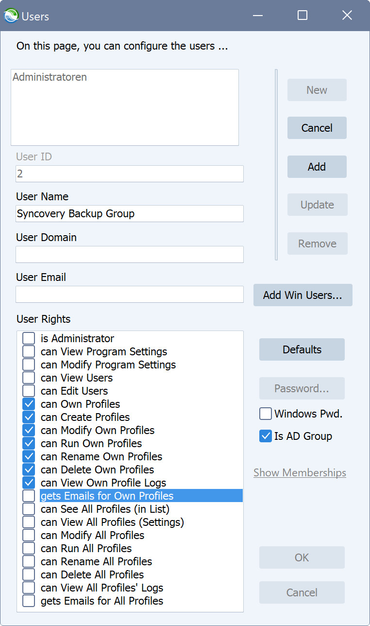 A screenshot showing how to add an Active Directory Group with limited rights to Syncovery.