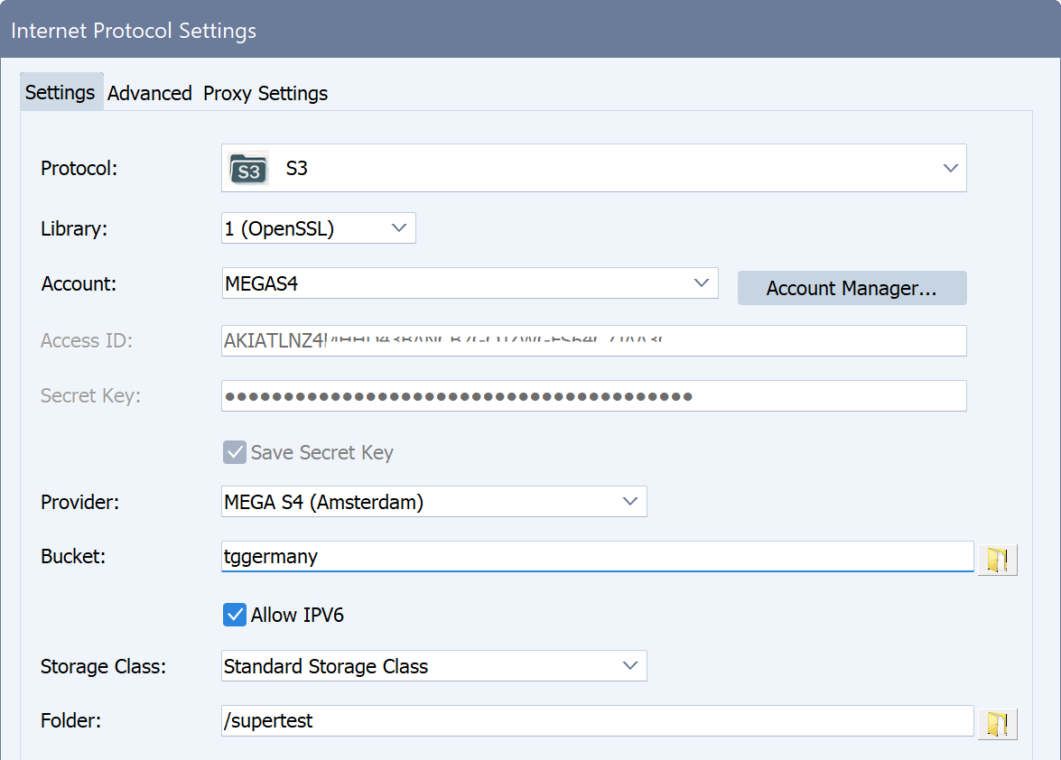 Internet Dialog Settings for MEGA