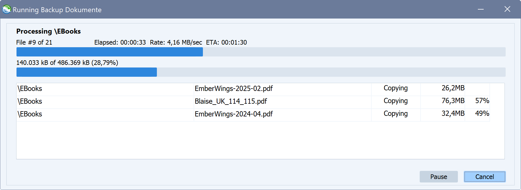 O software de backup Syncovery está a mostrar a caixa de diálogo de progresso da sincronização.